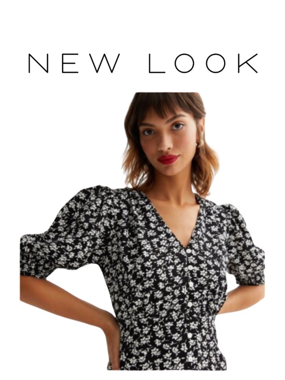New Look ASOS Black & White Floral Button Mini Dress | US 8 / UK 12